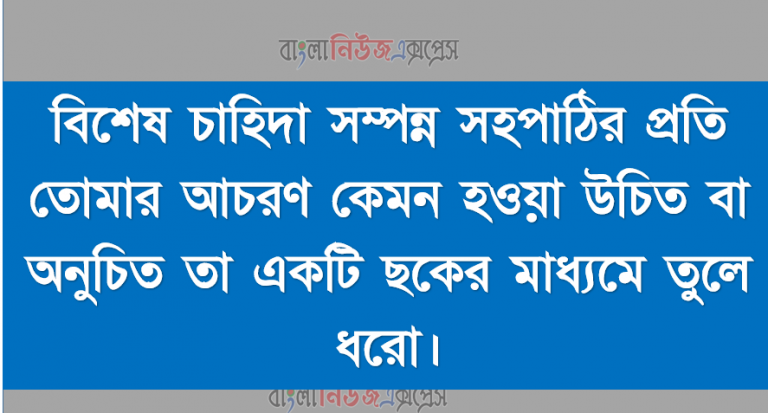 বিশেষ চাহিদা সম্পন্ন সহপাঠির প্রতি তোমার আচরণ কেমন হওয়া উচিত বা অনুচিত তা একটি ছকের মাধ্যমে তুলে ধরো