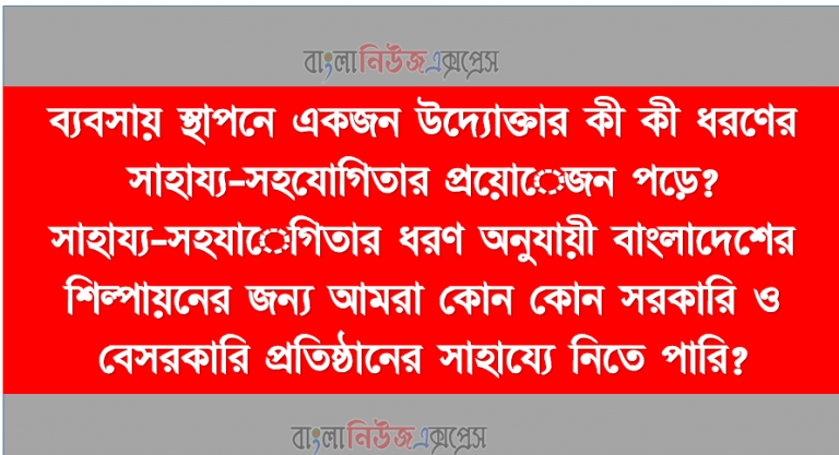 ব্যবসায় স্থাপনে একজন উদ্যোক্তার কী কী ধরণের সাহায্য-সহযোগিতার প্রয়োেজন পড়ে? ,সাহায্য-সহযােগিতার ধরণ অনুযায়ী বাংলাদেশের শিল্পায়নের জন্য আমরা কোন কোন সরকারি ও বেসরকারি প্রতিষ্ঠানের সাহায্যে নিতে পারি?