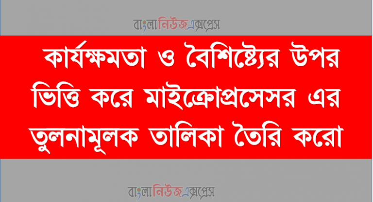 কার্যক্ষমতা ও বৈশিষ্ট্যের উপর ভিত্তি করে মাইক্রোপ্রসেসর এর তুলনামূলক তালিকা তৈরি করো