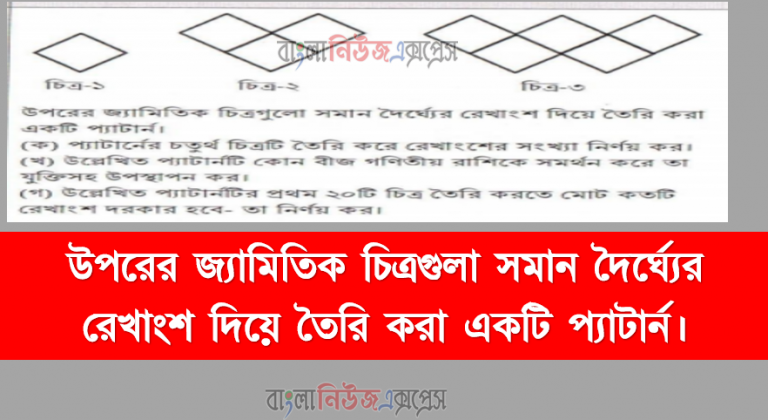 উপরের জ্যামিতিক চিত্রগুলা সমান দৈর্ঘ্যের রেখাংশ দিয়ে তৈরি করা একটি প্যাটার্ন।প্যাটার্নের চতুর্থ চিত্রটি তৈরি করে রেখাংশের সংখ্যা নির্ণয় কর।