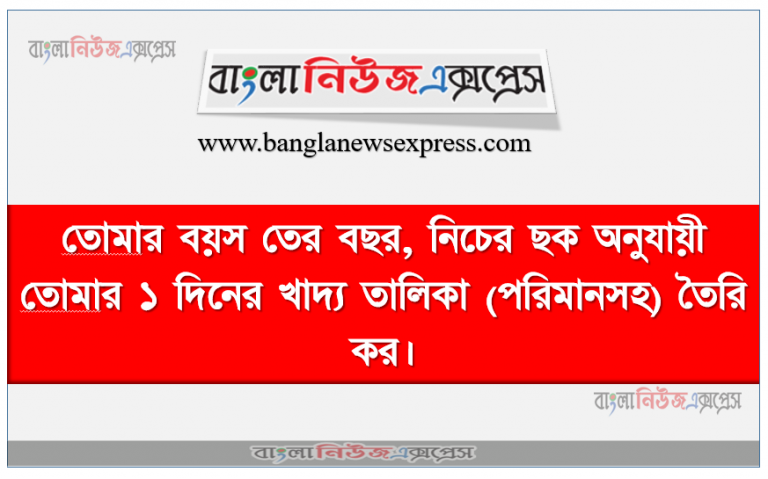 তোমার বয়স তের বছর, নিচের ছক অনুযায়ী তোমার ১ দিনের খাদ্য তালিকা (পরিমানসহ) তৈরি কর