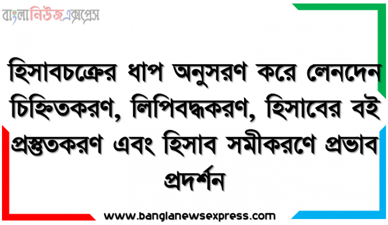 হিসাবচক্রের ধাপ অনুসরণ করে লেনদেন চিহ্নিতকরণ, লিপিবদ্ধকরণ, হিসাবের বই প্রস্তুতকরণ এবং হিসাব সমীকরণে প্রভাব প্রদর্শন