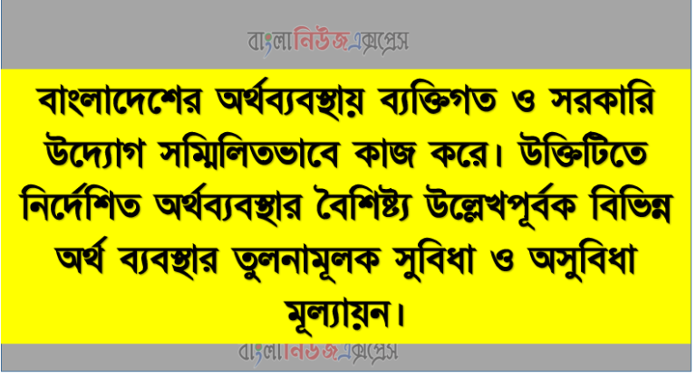 বাংলাদেশের অর্থব্যবস্থায় ব্যক্তিগত ও সরকারি উদ্যোগ সম্মিলিতভাবে কাজ করে। উক্তিটিতে নির্দেশিত অর্থব্যবস্থার বৈশিষ্ট্য উল্লেখপূর্বক বিভিন্ন অর্থ ব্যবস্থার তুলনামূলক সুবিধা ও অসুবিধা মূল্যায়ন।