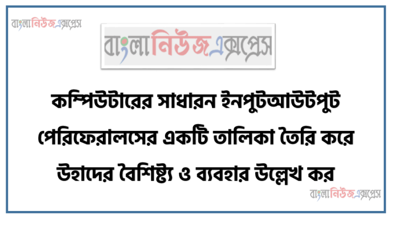 কম্পিউটারের সাধারন ইনপুটআউটপুট পেরিফেরালসের একটি তালিকা তৈরি করে উহাদের বৈশিষ্ট্য ও ব্যবহার উল্লেখ কর