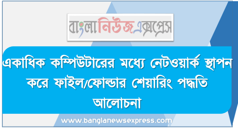 একাধিক কম্পিউটারের মধ্যে নেটওয়ার্ক স্থাপন করে ফাইল/ফোল্ডার শেয়ারিং পদ্ধতি আলোচনা, LAN, MAN ও WAN এর সুবিধা ও অসুবিধা বিভিন্ন যন্ত্রাংশের মধ্যে সংযোগ স্থাপন