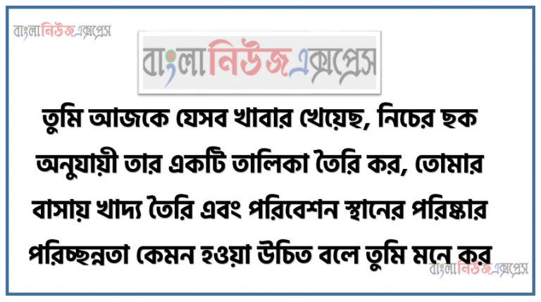 তুমি আজকে যেসব খাবার খেয়েছ, নিচের ছক অনুযায়ী তার একটি তালিকা তৈরি কর, তােমার বাসায় খাদ্য তৈরি এবং পরিবেশন স্থানের পরিষ্কার পরিচ্ছন্নতা কেমন হওয়া উচিত বলে তুমি মনে কর