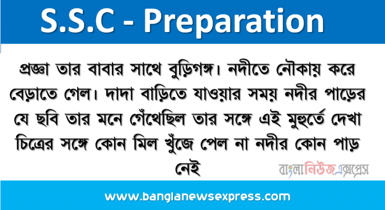 প্রজ্ঞা তার বাবার সাথে বুড়িগঙ্গ। নদীতে নৌকায় করে বেড়াতে গেল। দাদা বাড়িতে যাওয়ার সময় নদীর পাড়ের যে ছবি তার মনে গেঁথেছিল তার সঙ্গে এই মুহুর্তে দেখা চিত্রের সঙ্গে কোন মিল খুঁজে পেল না নদীর কোন পাড় নেই, আছে অসংখ্য দালানকোঠা, দোকানপাট, শিল্পকারখানা পানির রঙ একেবারেই কালাে