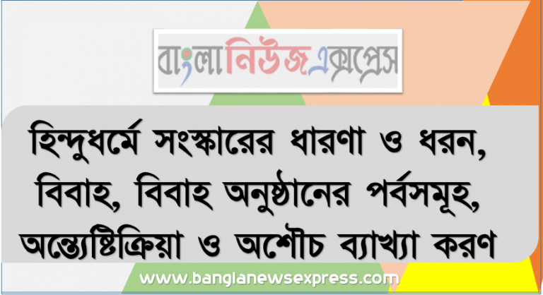 হিন্দুধর্মে সংস্কারের ধারণা ও ধরন, বিবাহ, বিবাহ অনুষ্ঠানের পর্বসমূহ, অন্ত্যেষ্টিক্রিয়া ও অশৌচ ব্যাখ্যা করণ