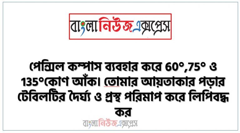 পেন্সিল কম্পাস ব্যবহার করে 60°,75° ও 135°কোণ আঁক। তােমার আয়তাকার পড়ার টেবিলটির দৈর্ঘ্য ও প্রস্থ পরিমাপ করে লিপিবদ্ধ কর