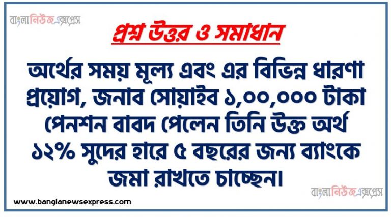 অর্থের সময় মূল্য এবং এর বিভিন্ন ধারণা প্রয়োগ, জনাব সোয়াইব ১,০০,০০০ টাকা পেনশন বাবদ পেলেন তিনি উক্ত অর্থ ১২% সুদের হারে ৫ বছরের জন্য ব্যাংকে জমা রাখতে চাচ্ছেন।, নগদ প্রবাহের ত্বরণ ব্যাখ্যা,ভবিষ্যৎ মূল্য নির্ণয়,অ্যানুইটির বর্তমান মূল্য ও ভবিষ্যৎ মূল্য নির্ণয়