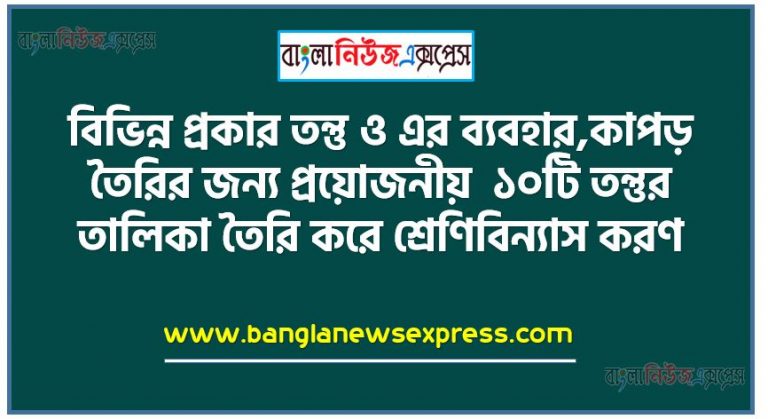 বিভিন্ন প্রকার তন্তু ও এর ব্যবহার,কাপড় তৈরির জন্য প্রয়ােজনীয় ১০টি তন্তুর তালিকা তৈরি করে শ্রেণিবিন্যাস করণ, উদাহরণসহ তন্তু থেকে সুতা তৈরির ধাপ, রেশম তন্তু থেকে সুতা তৈরির প্রবাহচিত্র অংকন, পরিবেশের ভারসাম্যহীনতায় রাবার ও প্লাস্টিকের ভূমিকা