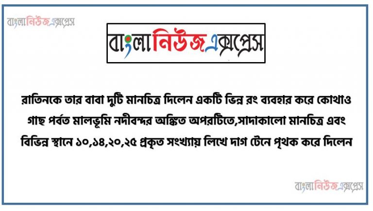 রাতিনকে তার বাবা দুটি মানচিত্র দিলেন একটি ভিন্ন রং ব্যবহার করে কোথাও গাছ পর্বত মালভূমি নদীবন্দর অঙ্কিত অপরটিতে,সাদাকালো মানচিত্র এবং বিভিন্ন স্থানে ১০,১৪,২০,২৫ প্রকৃত সংখ্যায় লিখে দাগ টেনে পৃথক করে দিলেন,রাতিনের মানচিত্র দুটি প্রকৃত বিশ্লেষণপূর্বক একটি রচনা,মানচিত্রের ধারণা ও গুরুত্ব ব্যাখ্যা, মানচিত্রের প্রকারভেদ বর্ণনা, মানচিত্রের তথ্য উপস্থাপনের নিয়মাবলি ও প্রতীক চিহ্ন উপস্থাপন