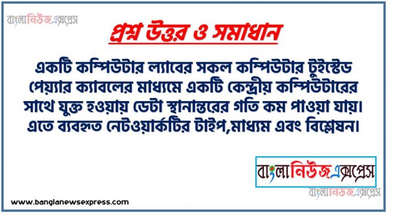 একটি কম্পিউটার ল্যাবের সকল কম্পিউটার টুইস্টেড পেয়্যার ক্যাবলের মাধ্যমে একটি কেন্দ্রীয় কম্পিউটারের সাথে যুক্ত হওয়ায় ডেটা স্থানান্তরের গতি কম পাওয়া যায়।, এতে ব্যবহৃত নেটওয়ার্কটির টাইপ,মাধ্যম এবং টপােলজির বিশ্লেষন।,