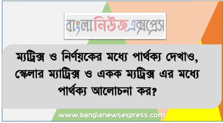 ম্যট্রিক্স ও নির্ণয়কের মধ্যে পার্থক্য দেখাও, স্কেলার ম্যাট্রিক্স ও একক ম্যট্রিক্স এর মধ্যে পার্থক্য আলোচনা কর?,ম্যট্রিক্স এর ব্যবহার আলোচনা কর?, নির্নায়কের ধর্ম বা বৈশিষ্ট্য আলোচনা কর?,ম্যাট্রিক্সের র্যাংক কি?,রূপান্তর ম্যাট্রিক্স ও বিপরীত ম্যাট্রিক্স এর পার্থক্য দেখাও।,সহগুনক ম্যাট্রিক্স ও সংযোগ ম্যাট্রিক্স এর মধ্যে পার্থক্য আলোচনা কর?,বর্গাকার ম্যাট্রিক্স এবং বিপরীত ম্যাট্রিক্সের মধ্যে পার্থক্য আলোচনা কর?,কর্ণ ম্যাট্রিক্স এবং স্কেলার ম্যাট্রিক্সের মধ্যে পার্থক্য দেখাও।