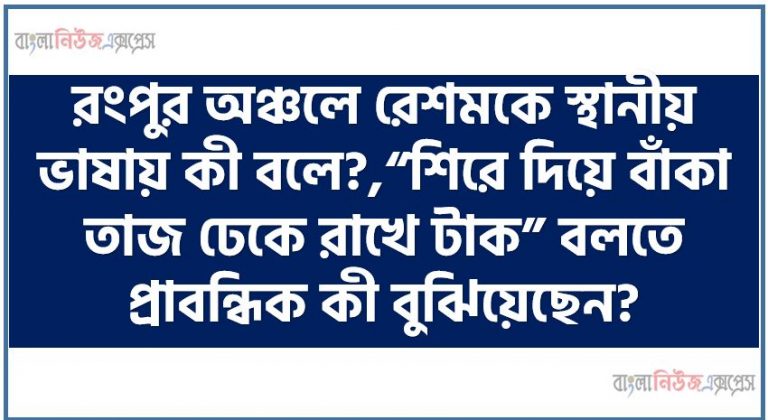 রংপুর অঞ্চলে রেশমকে স্থানীয় ভাষায় কী বলে?,“শিরে দিয়ে বাঁকা তাজ ঢেকে রাখে টাক” বলতে প্রাবন্ধিক কী বুঝিয়েছেন?,‘চাষার দুক্ষু’ প্রবন্ধের কোন দিকটি শিল্পীর মধ্যে প্রকাশ পেয়েছে তা ব্যাখ্যা কর,‘চাষার দুক্ষু’ প্রবন্ধে লেখকের বর্ণিত দিক-নির্দেশনার আলোকে ব্যাখ্যা কর