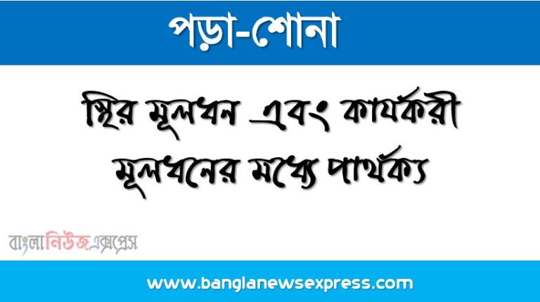 স্থির মূলধন এবং কার্যকরী মূলধনের মধ্যে পার্থক্য, তুলনা চার্ট সহ স্থির মূলধন এবং কার্যকরী মূলধনের মধ্যে পার্থক্য,স্থিতিশীল মূলধন পদ্ধতি ও পরিবর্তনশীল মূলধন পদ্ধতির মধ্যে পার্থক্য, স্থায়ী মূলধন কাকে বলে, কার্যকরী মূলধন কাকে বলে,স্থির মূলধন এবং কার্যকরী মূলধনের মধ্যে পার্থক্য