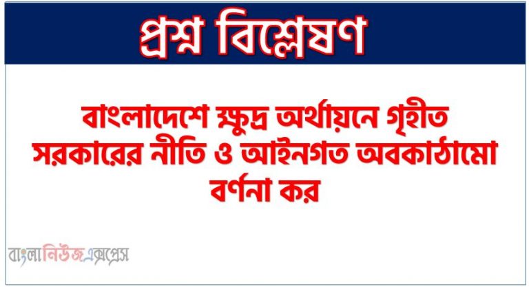 বাংলাদেশে ক্ষুদ্র অর্থায়নে গৃহীত সরকারের নীতি ও আইনগত অবকাঠামো বর্ণনা কর ,বাংলাদেশে ক্ষুদ্র অর্থায়নের সরকারের প্রতি এবং আইনগত অবকাঠামো আলোচনা কর, বাংলাদেশের প্রেক্ষাপটে ক্ষুদ্র অর্থায়নের সরকারি নিয়ম নীতিগুলো লিখ